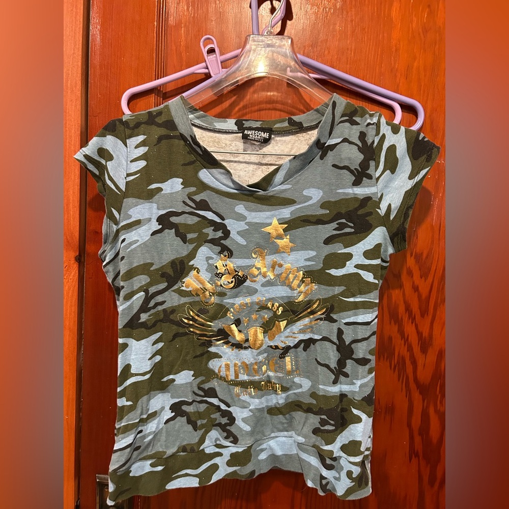 Vintage Y2K blue camo angel cutie baby tee shirt